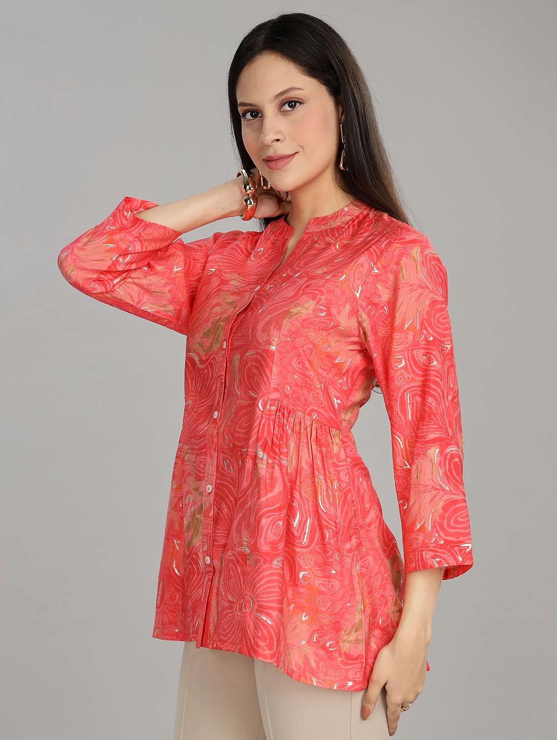 women printed three quarter sleeve ethnic top - 22007727 -  Standard Image - 2