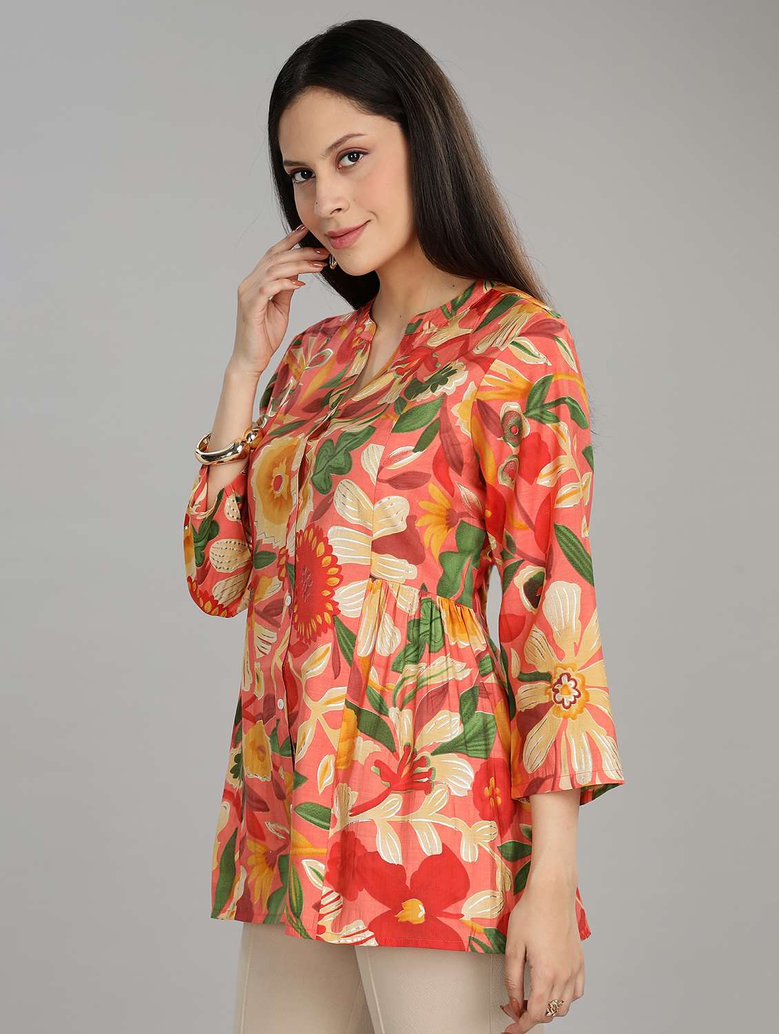 women floral printed three quarter sleeve ethnic top - 22007728 -  Standard Image - 2