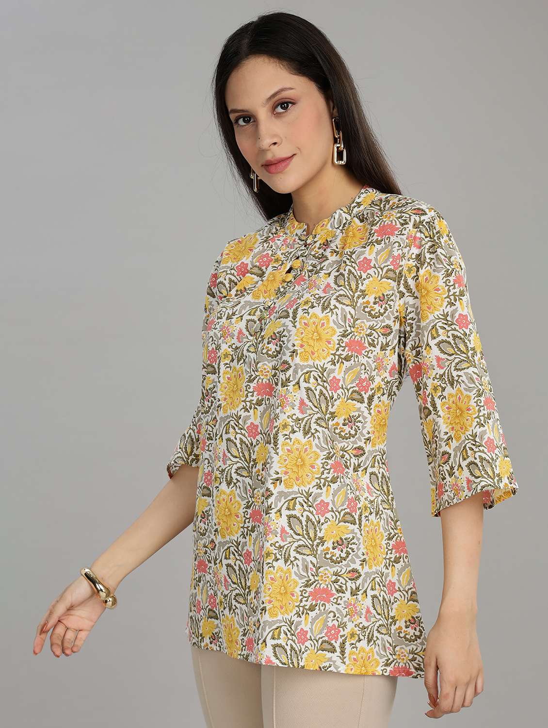 women floral printed three quarter sleeve ethnic top - 22007729 -  Standard Image - 2