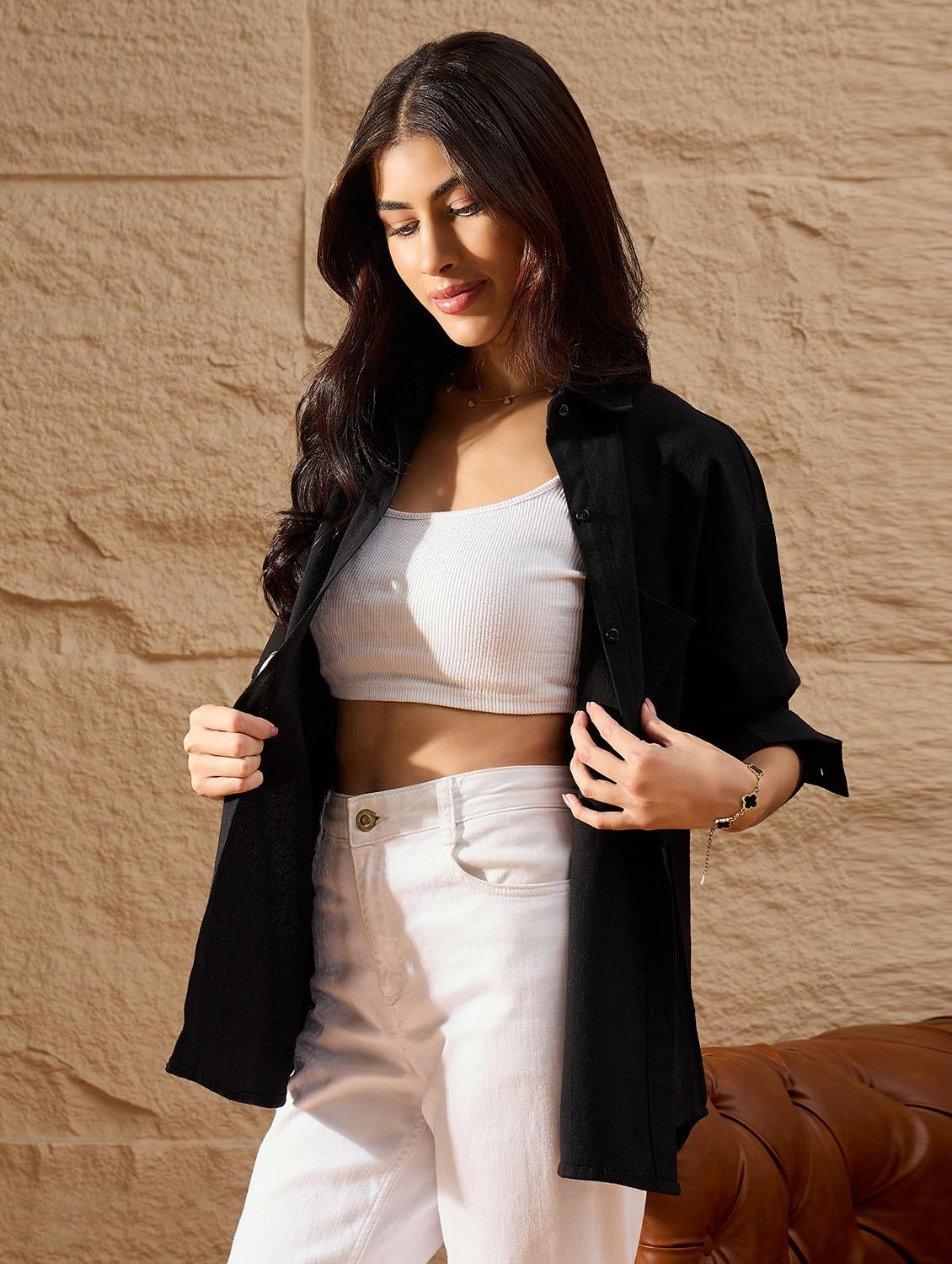women solid collared long sleeve oversized shirt - 22007738 - Standard Image - 2