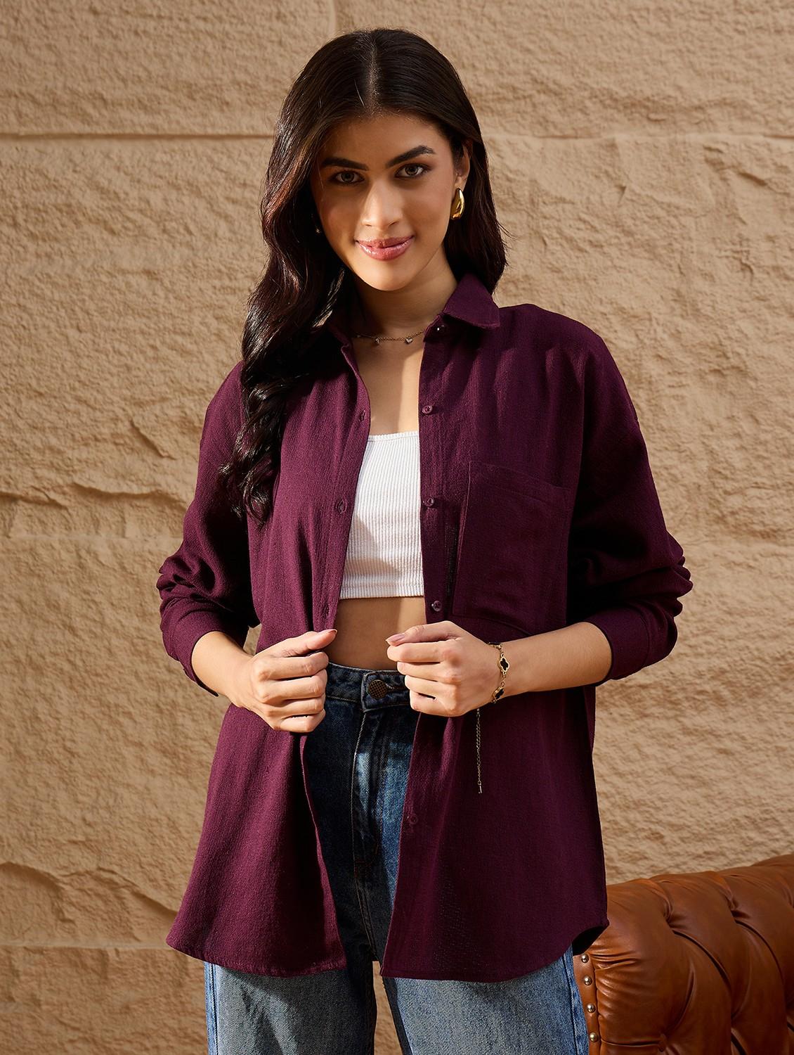 women solid collared long sleeve oversized shirt - 22007741 - Standard Image - 2