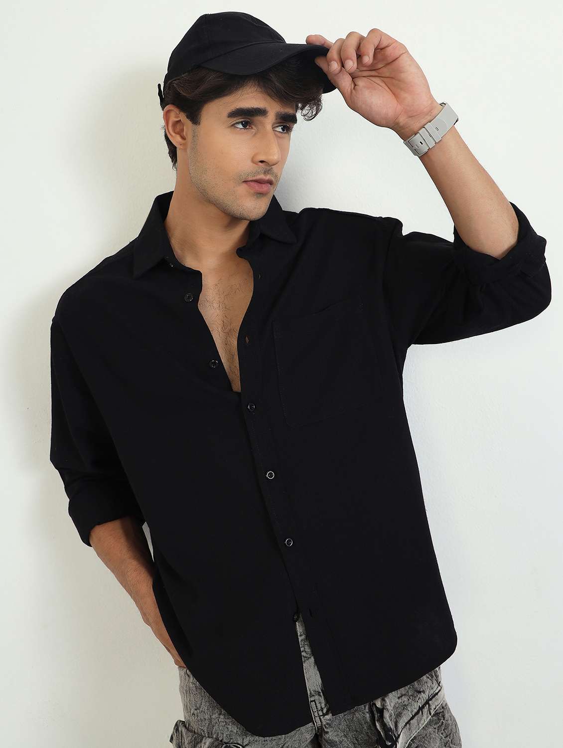 men solid long sleeve oversized casual shirt