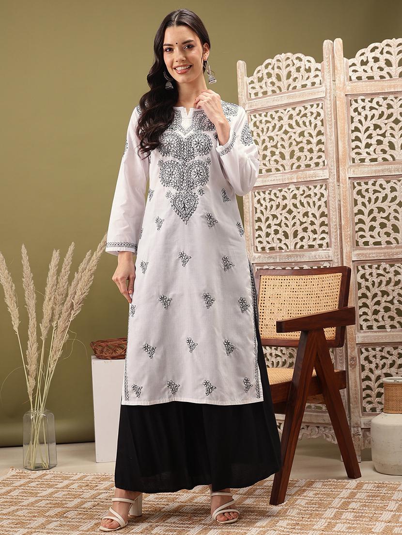 women solid with work long sleeve chikankari kurta - 22007782 -  Zoom Image - 0