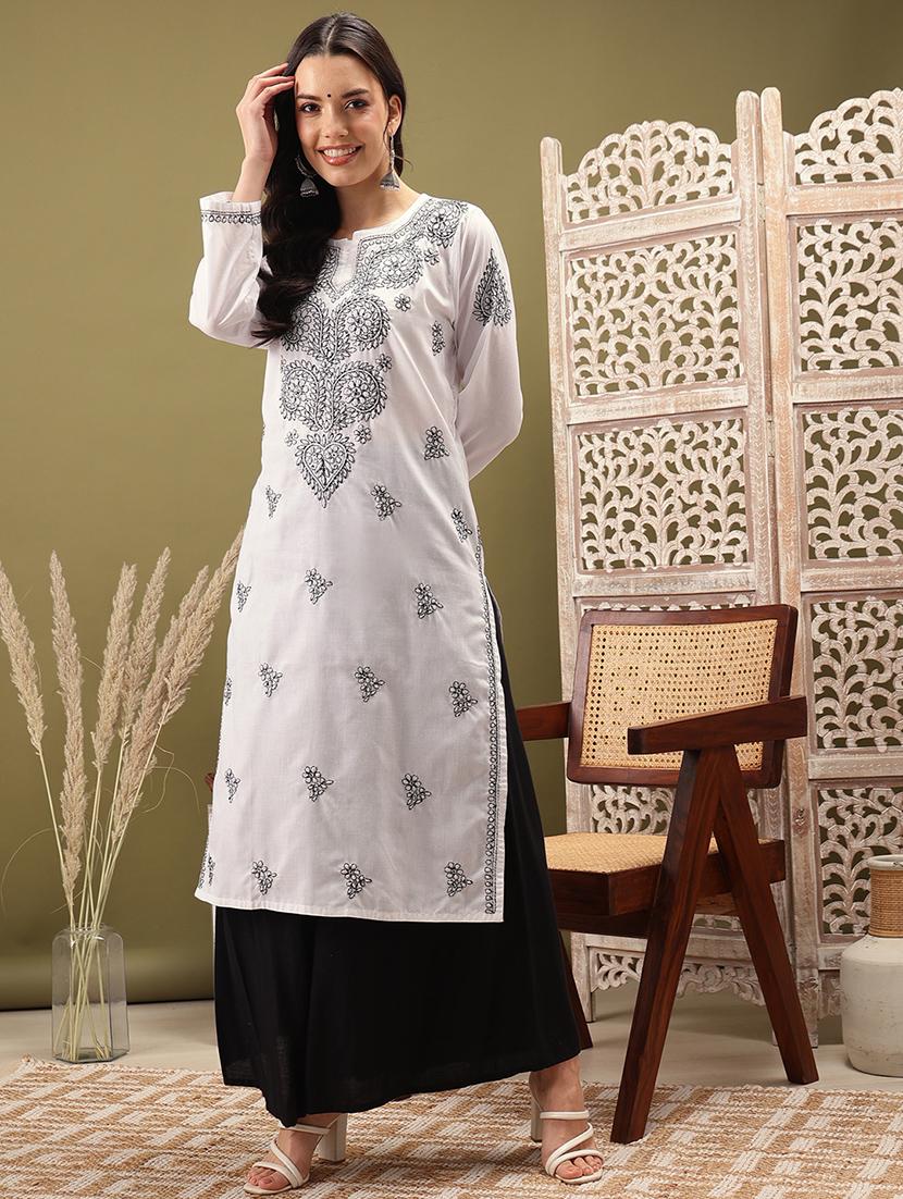 women solid with work long sleeve chikankari kurta - 22007782 - Standard Image - 2