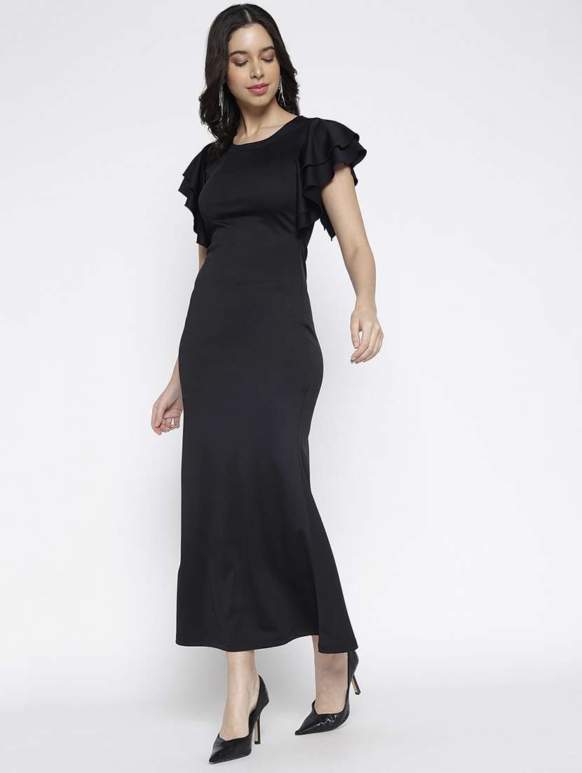 women black solid ruffle sleeve a-line dress - 22007783 -  Standard Image - 2