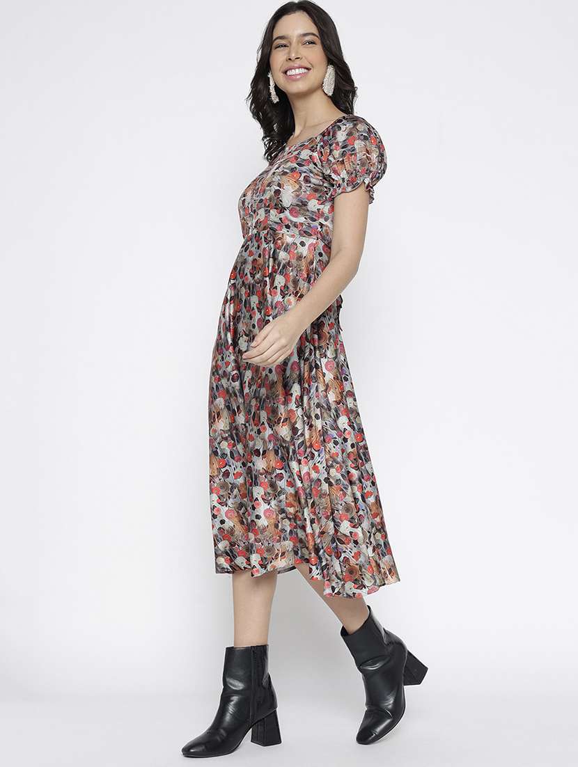 women printed puff sleevefit & flare dress - 22007786 -  Standard Image - 2