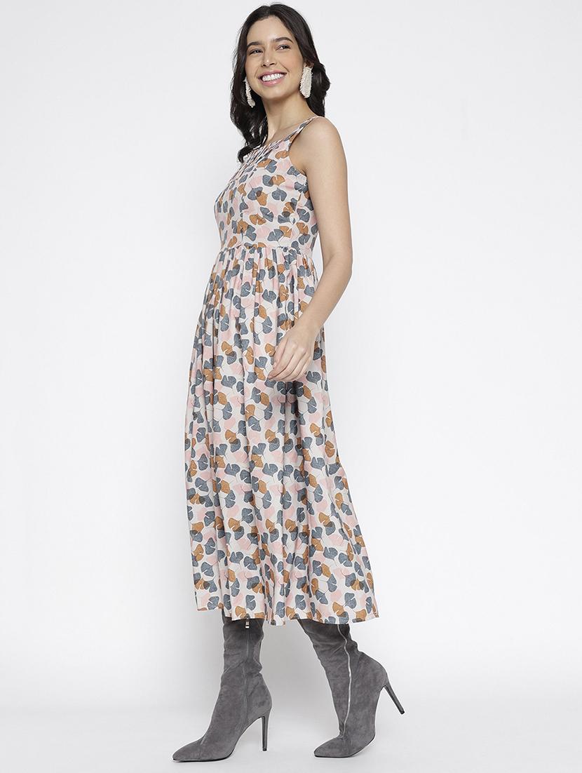 women printed sleeveless fit and flared dress - 22007789 - Standard Image - 2