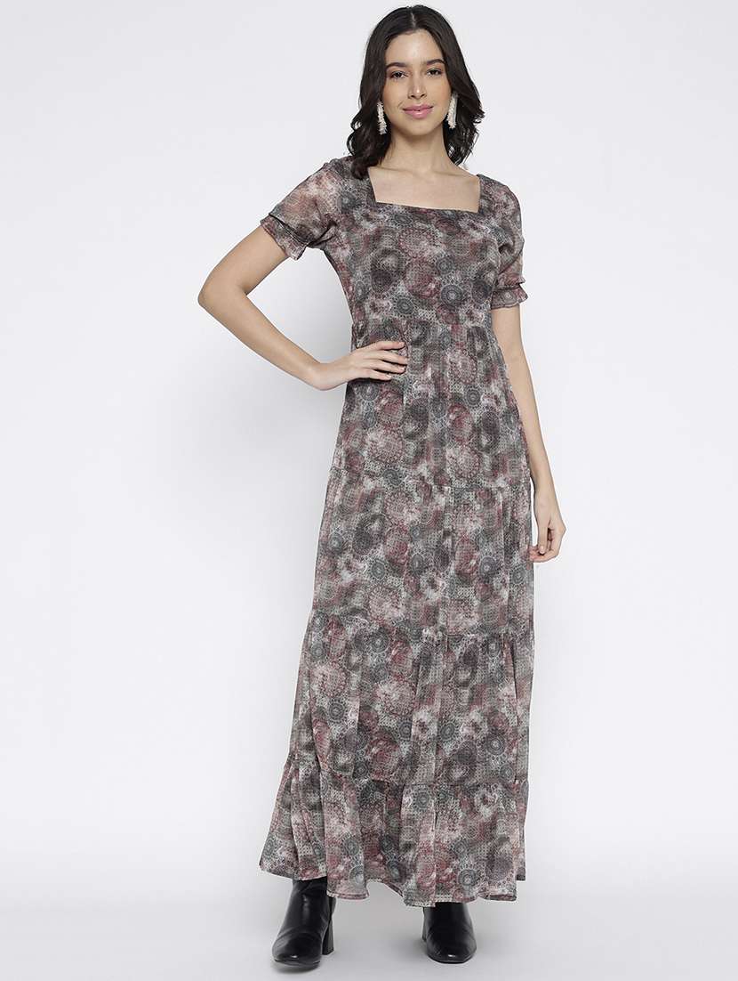 women printed puff sleeve tiered maxi dress
