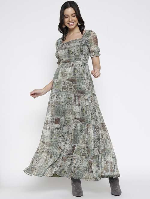 women printed puff sleeve tiered maxi dress - 22007791 - Standard Image - 0