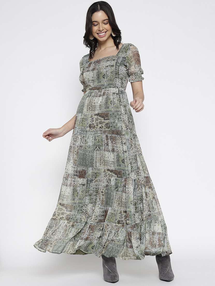 women printed puff sleeve tiered maxi dress - 22007791 - Zoom Image - 0