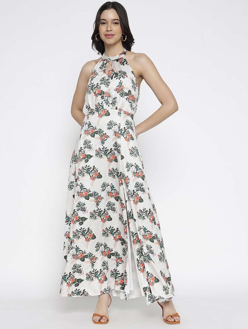 women floral printed halter neck maxi a-line dress