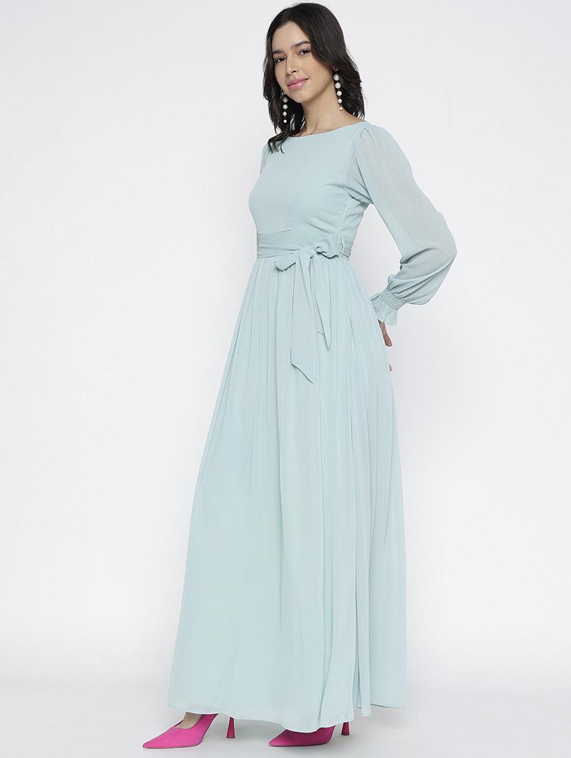 women solid bishop sleeve maxi fit & flare dress - 22007798 - Standard Image - 2