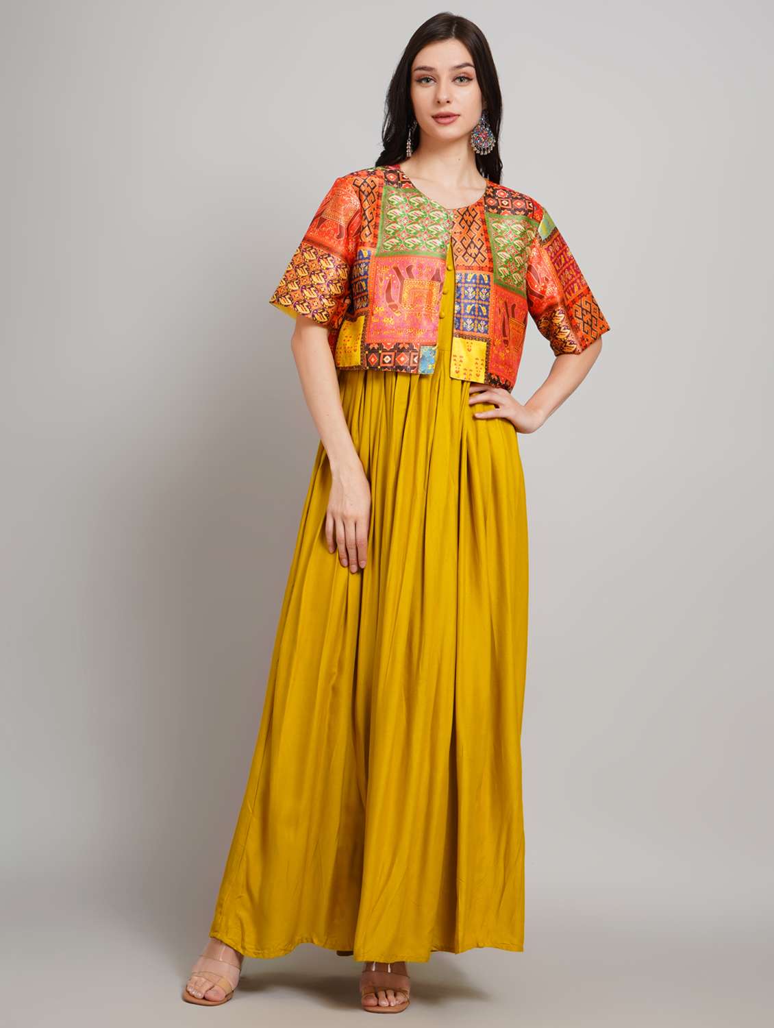 women solid round neck a-line ethnic dress