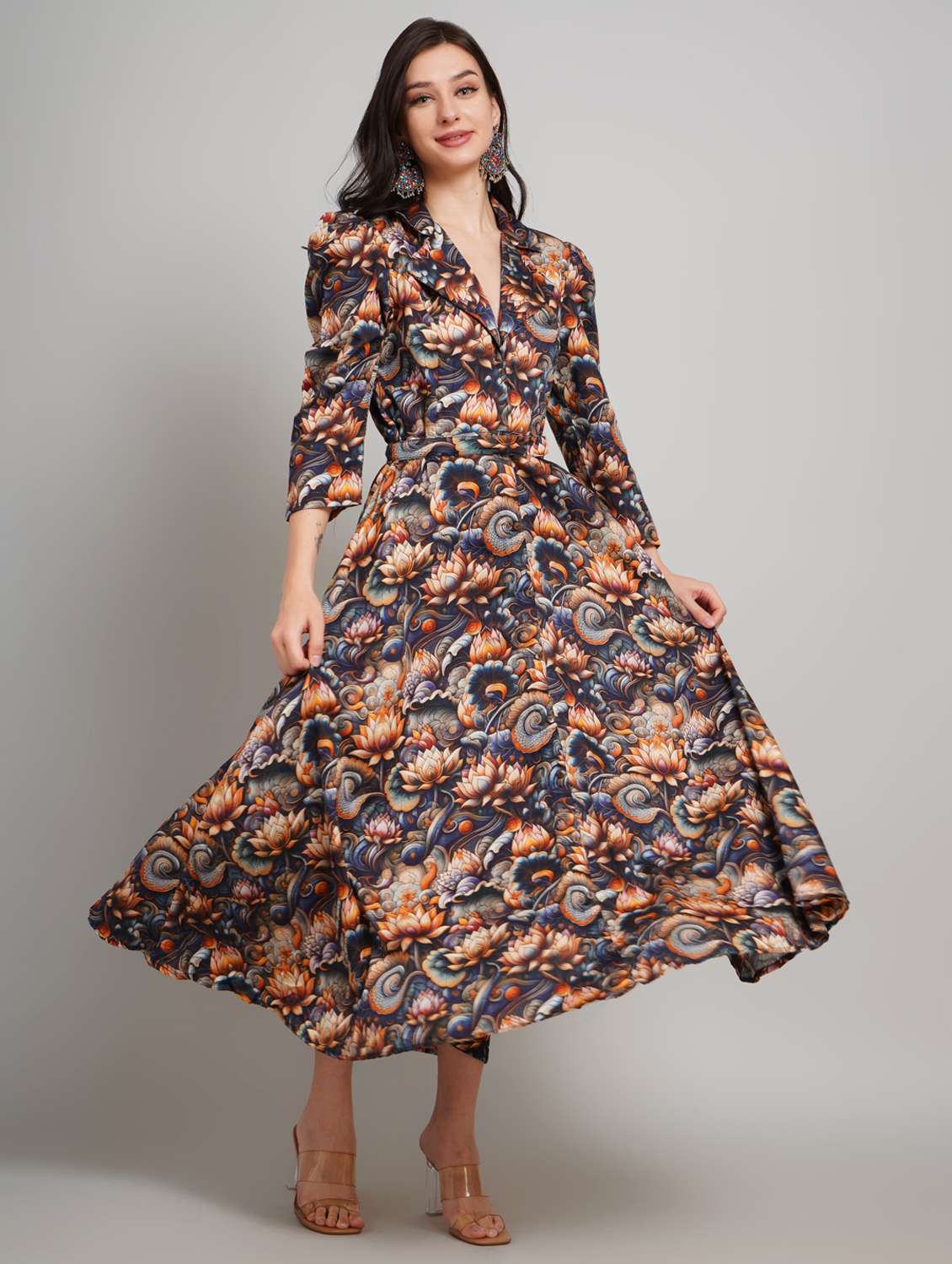 women floral printed lapel collar fit & flare dress - 22007904 - Zoom Image - 0