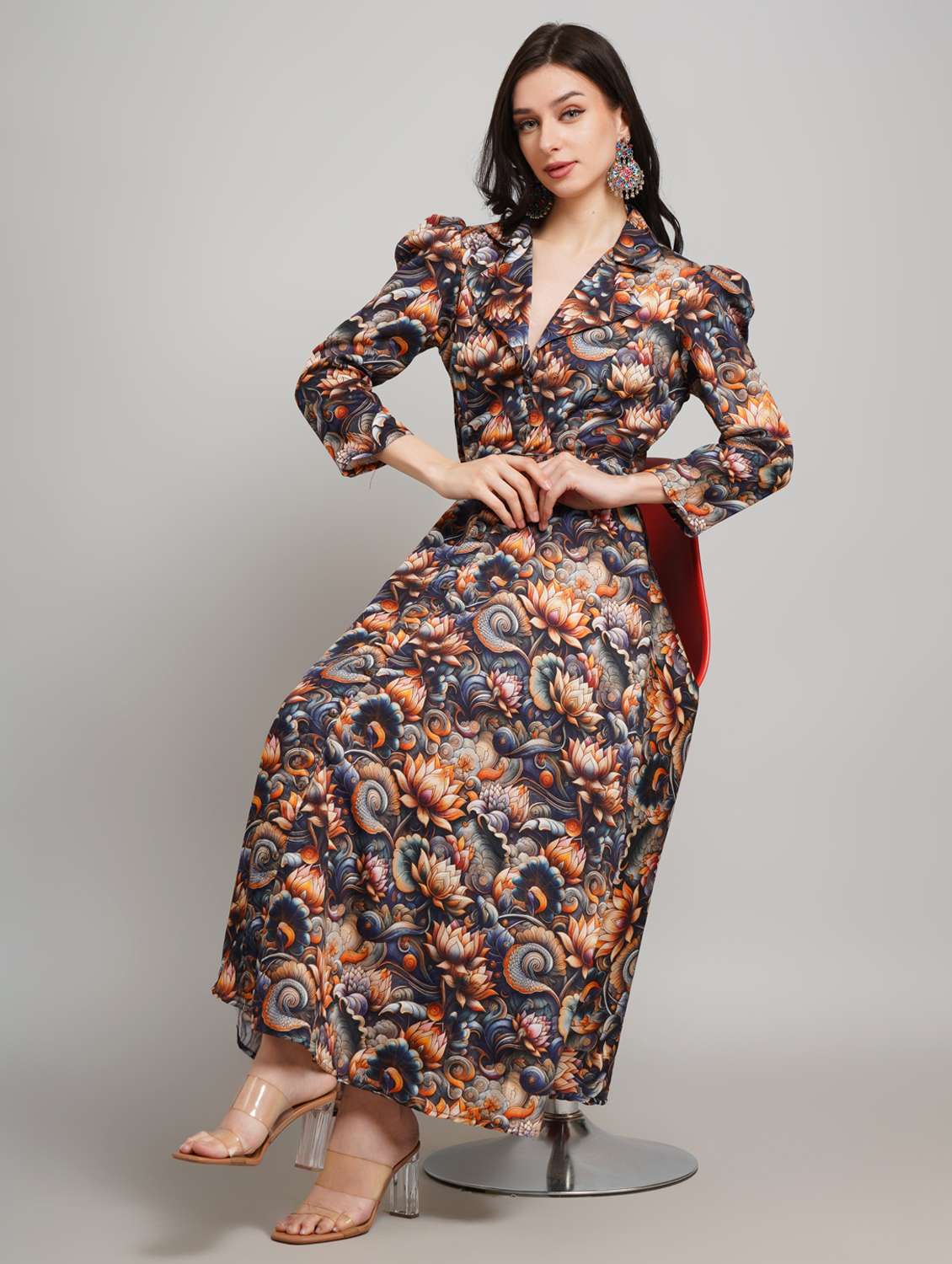 women floral printed lapel collar fit & flare dress - 22007904 - Standard Image - 2