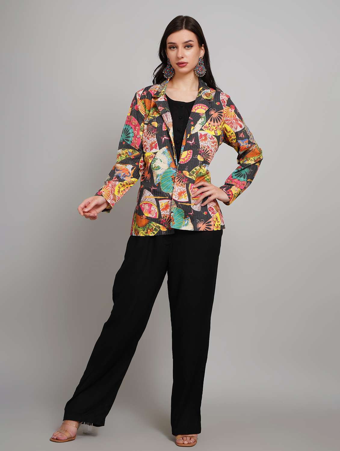 women solid sleeveless jumpsuit with printed blazer - 22007907 - Standard Image - 2