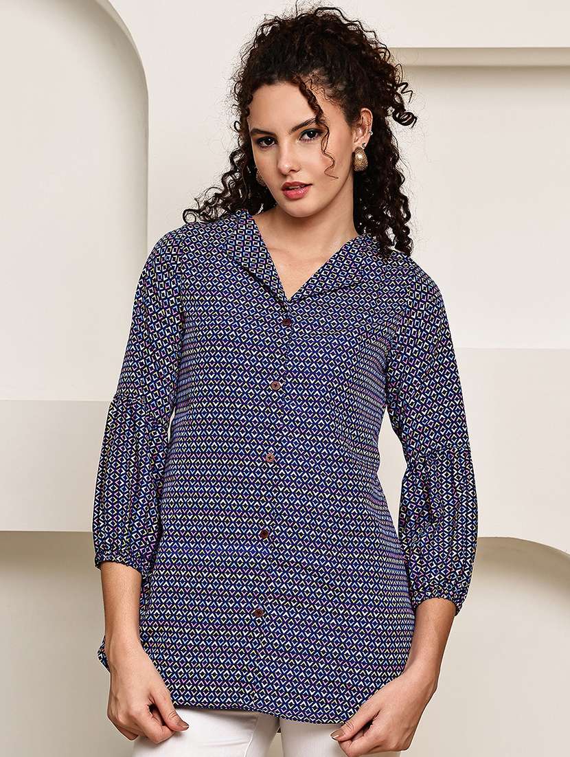 women geometric printed three quarter sleeve regular fit shirt