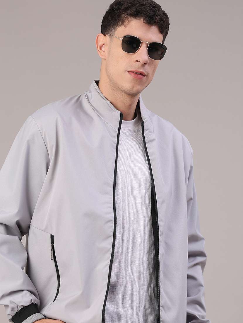 men solid stand collared long sleeve bomber jacket