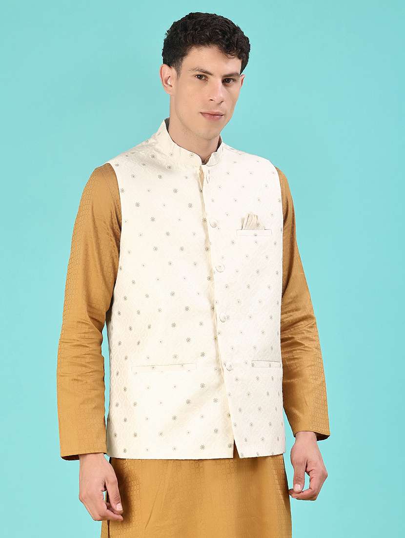 men solid with work mandarin neck regular fit nehru jacket - 22008030 -  Standard Image - 2
