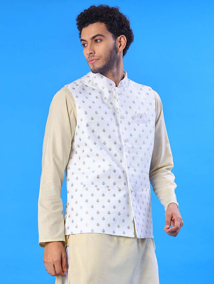 men solid with work mandarin neck regular fit nehru jacket - 22008031 -  Standard Image - 2