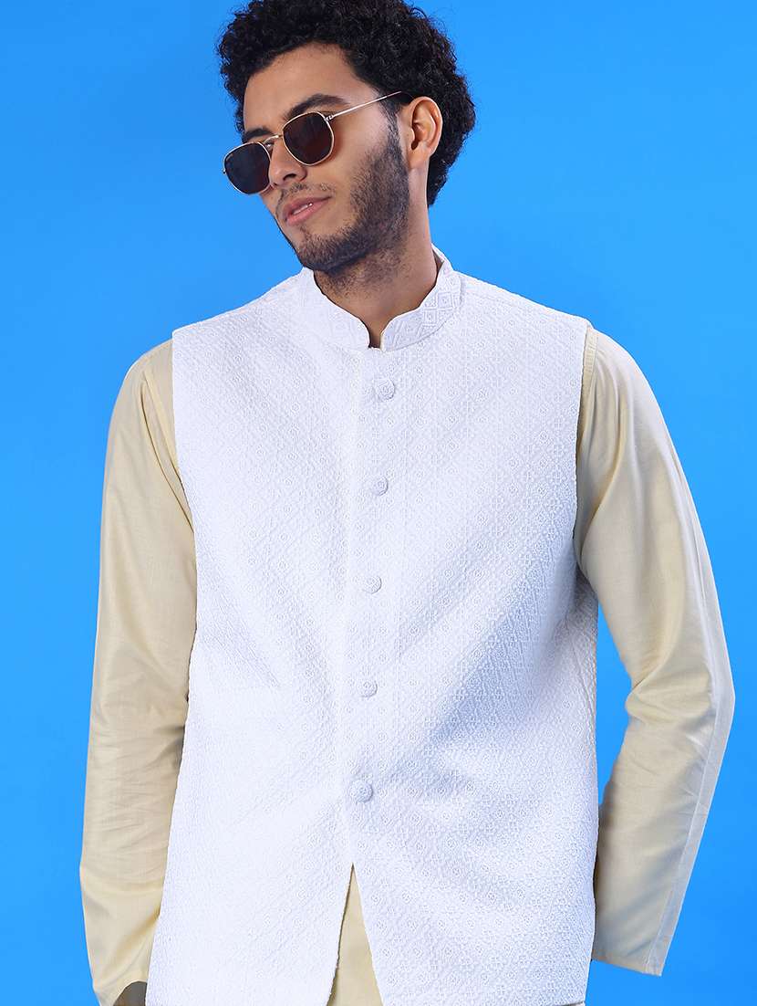 men solid with work mandarin neck regular fit nehru jacket - 22008032 -  Zoom Image - 0