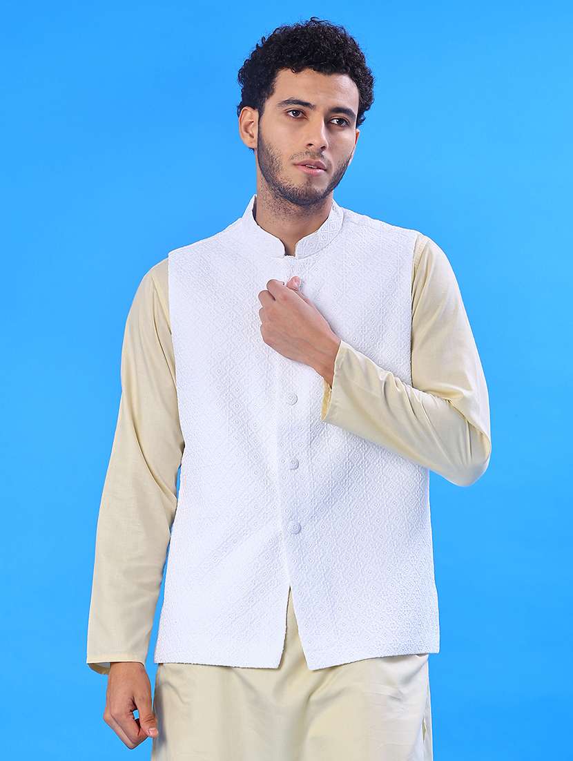 men solid with work mandarin neck regular fit nehru jacket - 22008032 -  Standard Image - 2