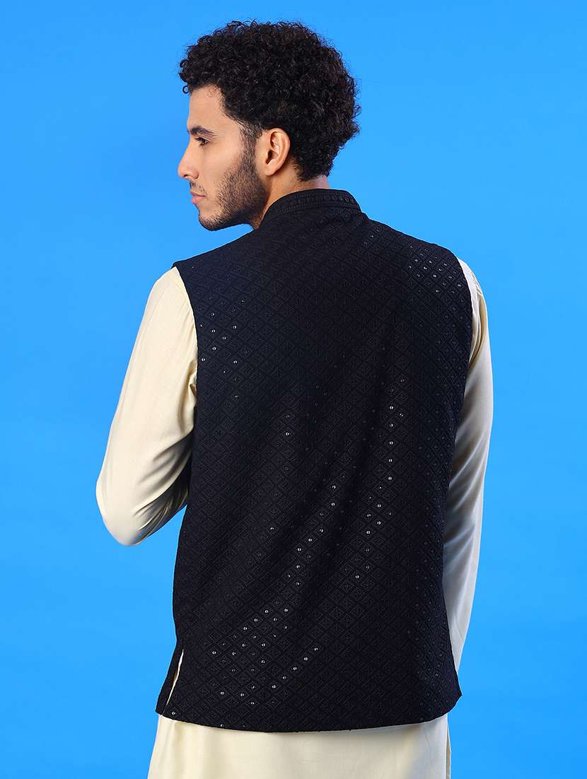 men solid with work mandarin neck regular fit nehru jacket - 22008033 -  Standard Image - 2