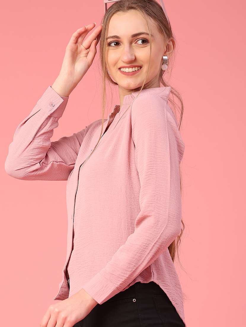 women solid collared long sleeve high low shirt - 22008174 -  Standard Image - 2