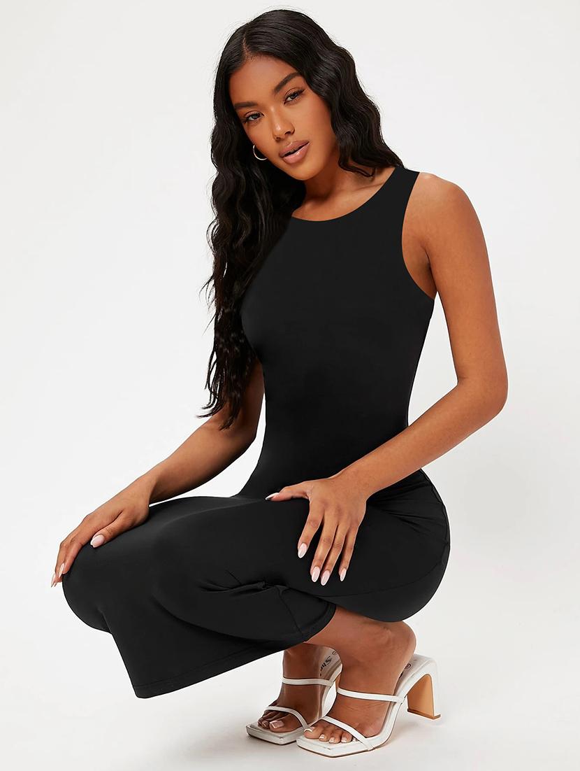women solid round neck slim fit bodycon dress - 22008241 - Standard Image - 2