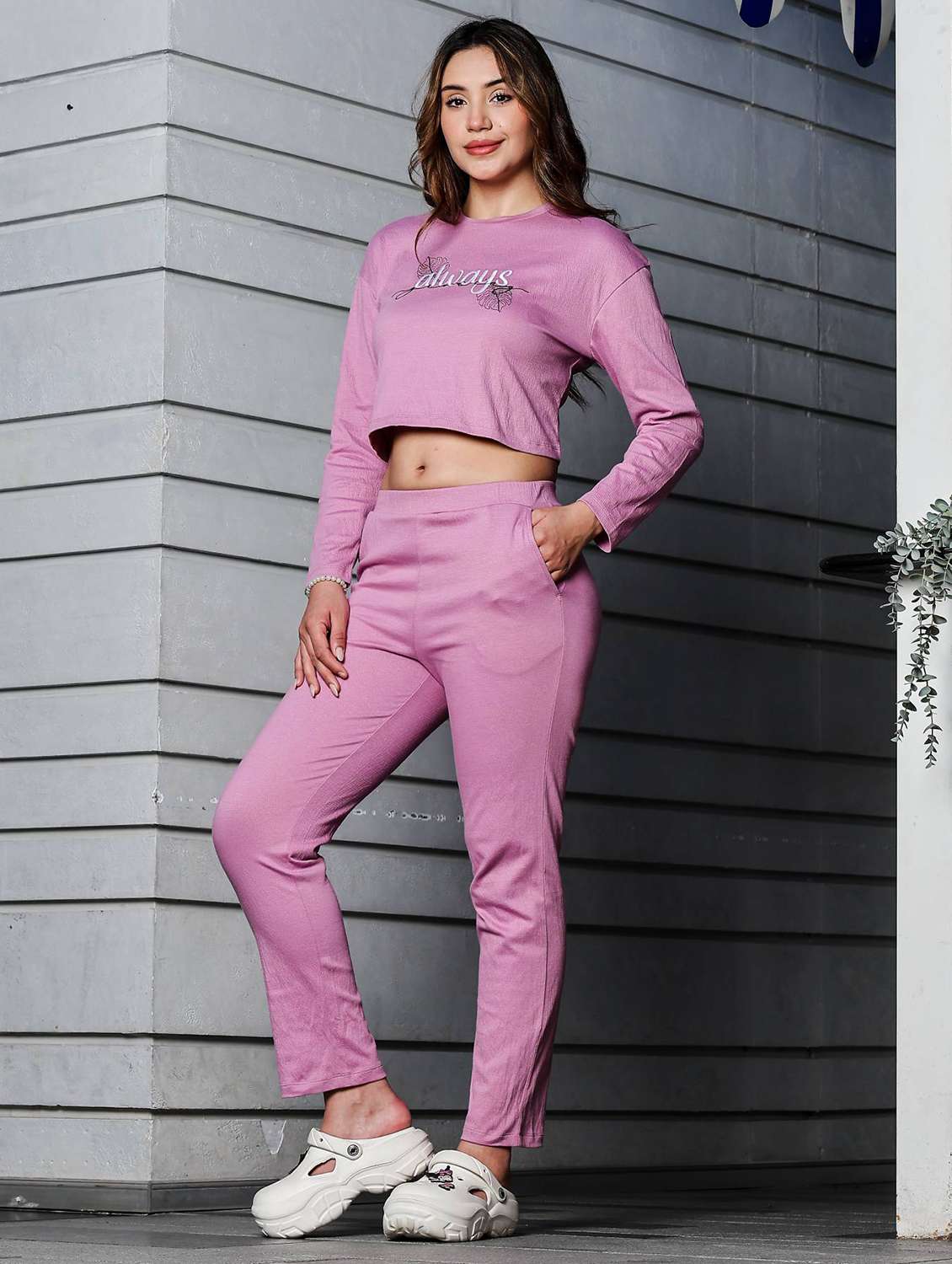 women typographic long sleeve top and trouser set co-ord - 22008309 - Standard Image - 2