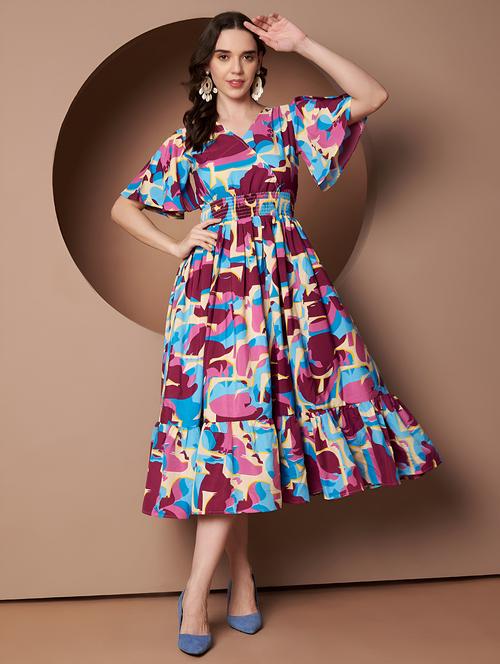 women abstract print flared sleeve tiered dress - 22008635 -  Standard Image - 0