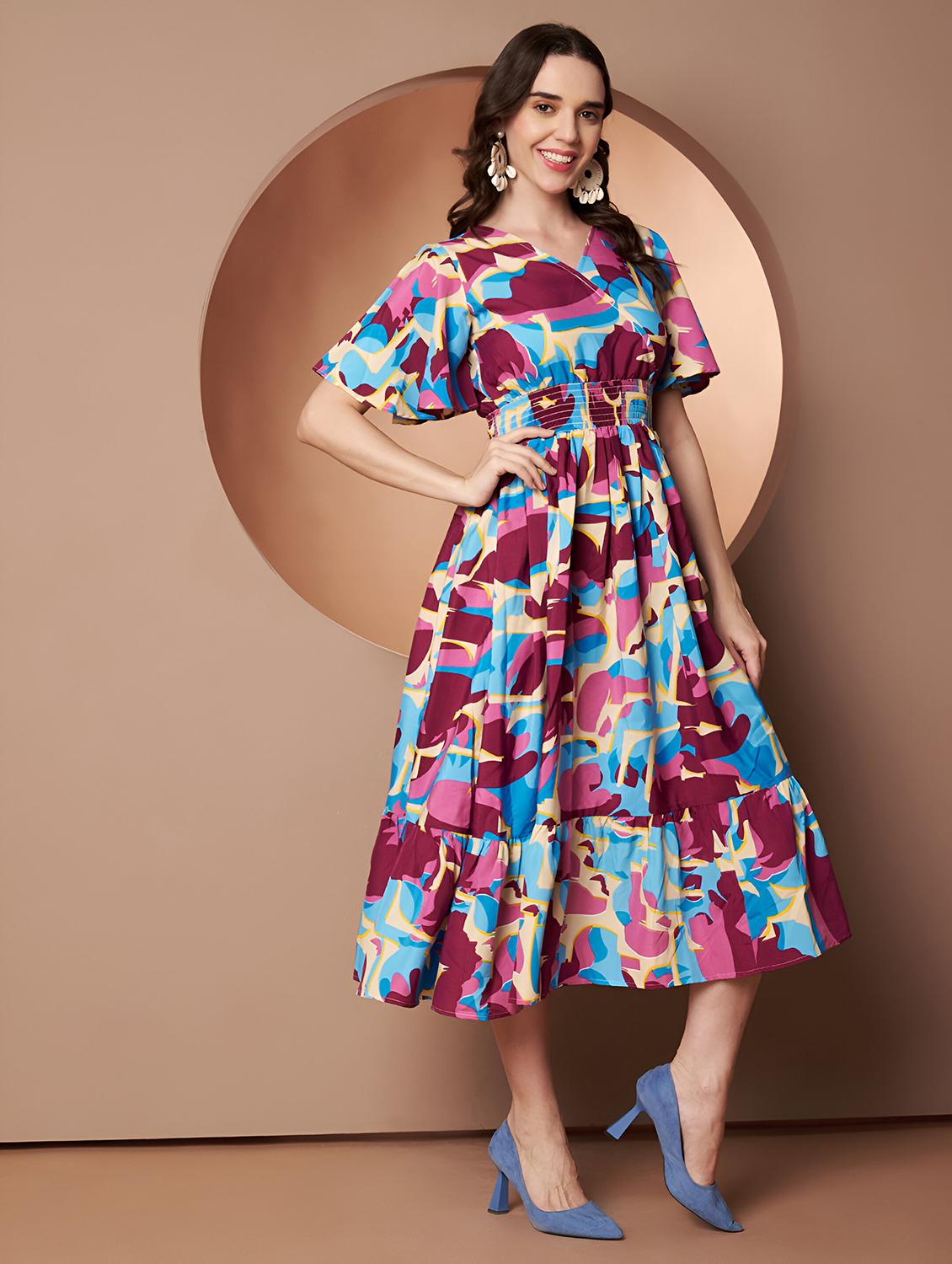 women abstract print flared sleeve tiered dress - 22008635 - Standard Image - 2