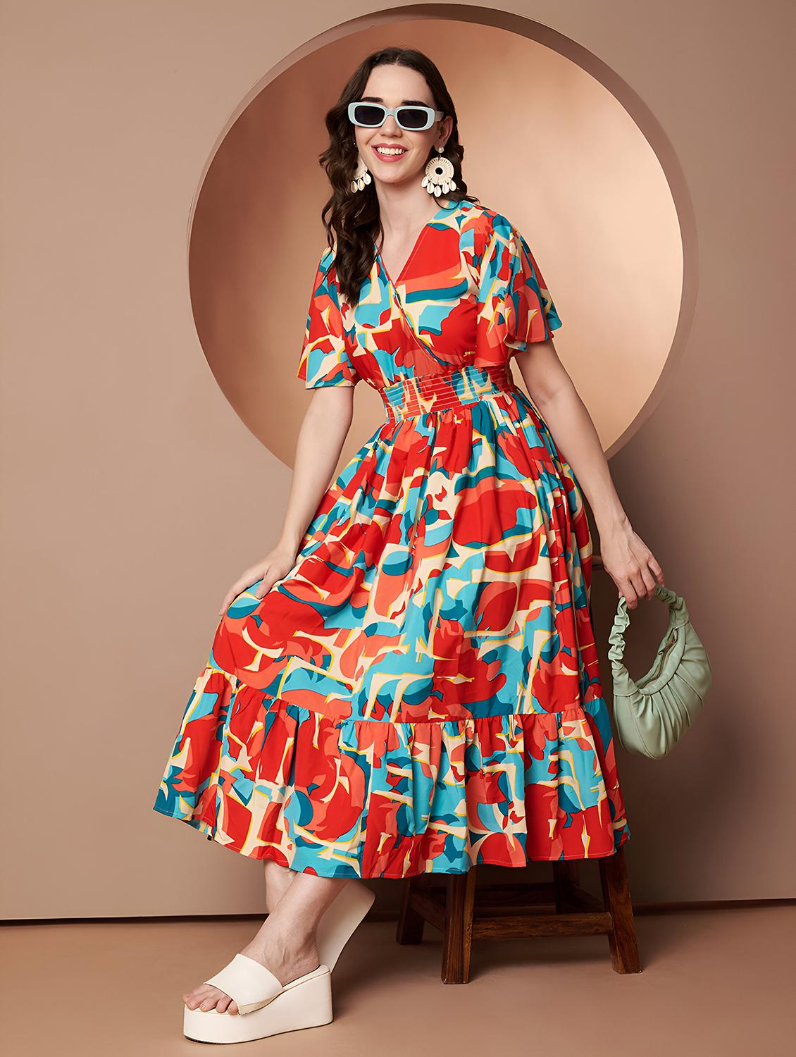 women abstract print flared sleeve tiered dress - 22008636 -  Zoom Image - 0