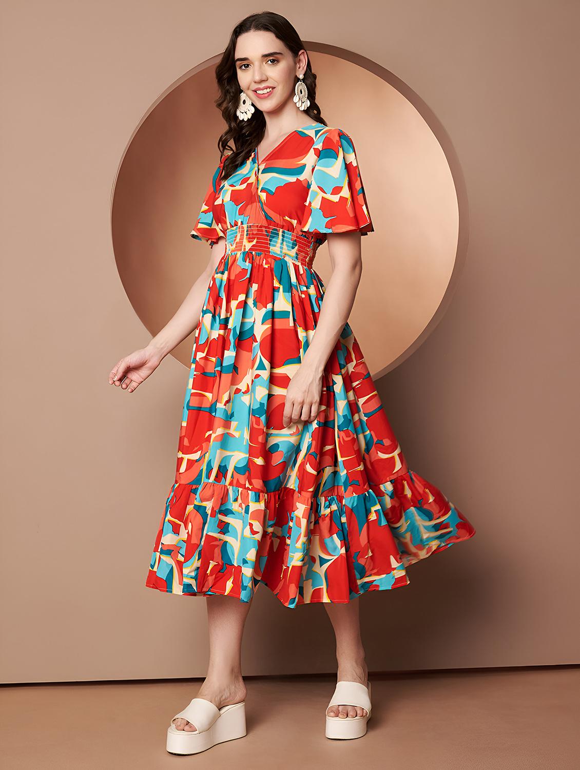 women abstract print flared sleeve tiered dress - 22008636 - Standard Image - 2
