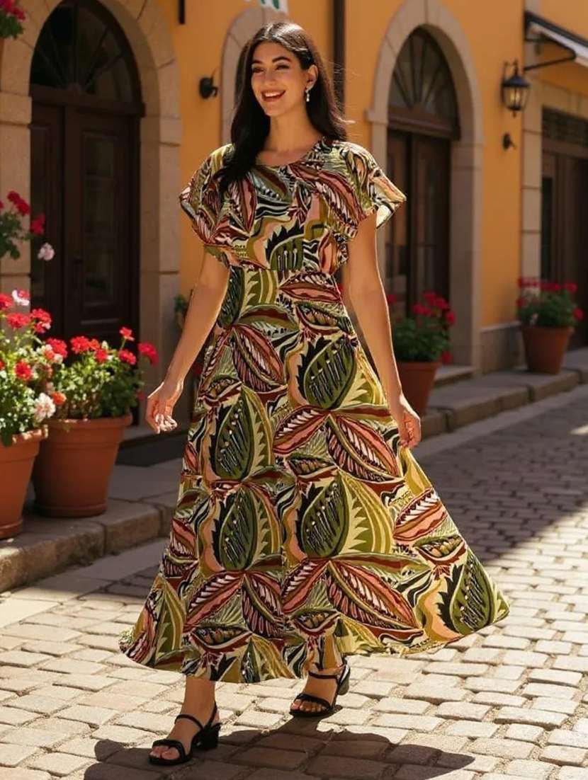 Women Printed Flared Sleeve Fit And Flared Dress