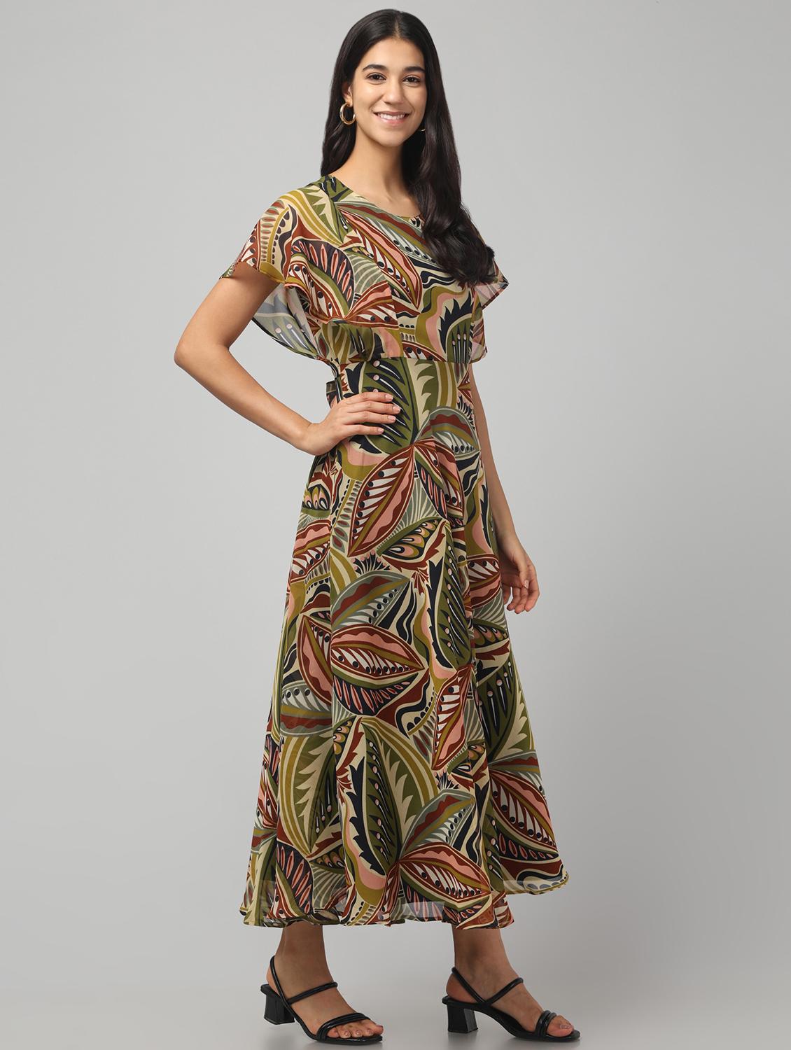 women printed flared sleeve fit and flared dress - 22008641 - Standard Image - 2