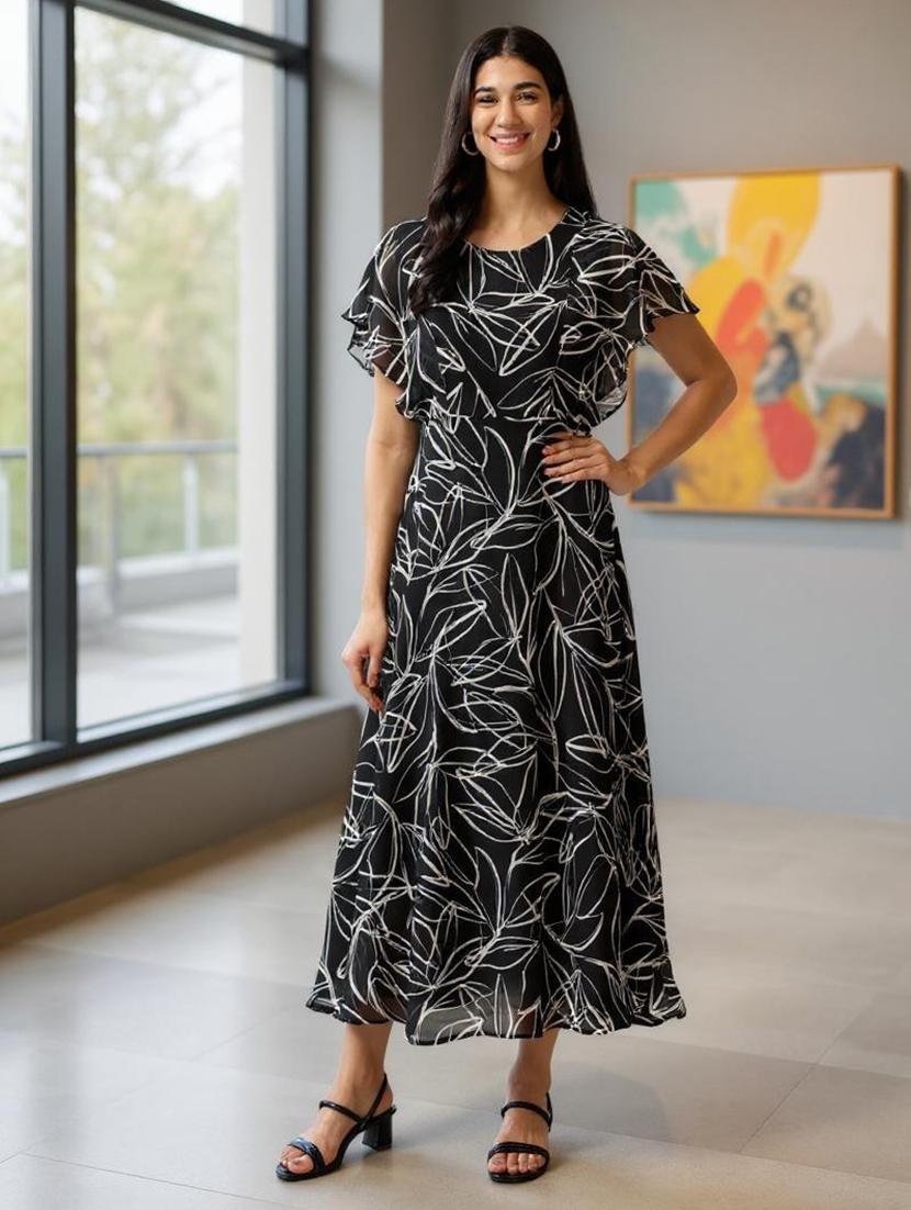 women printed flared sleeve fit & flare dress - 22008642 - Zoom Image - 0