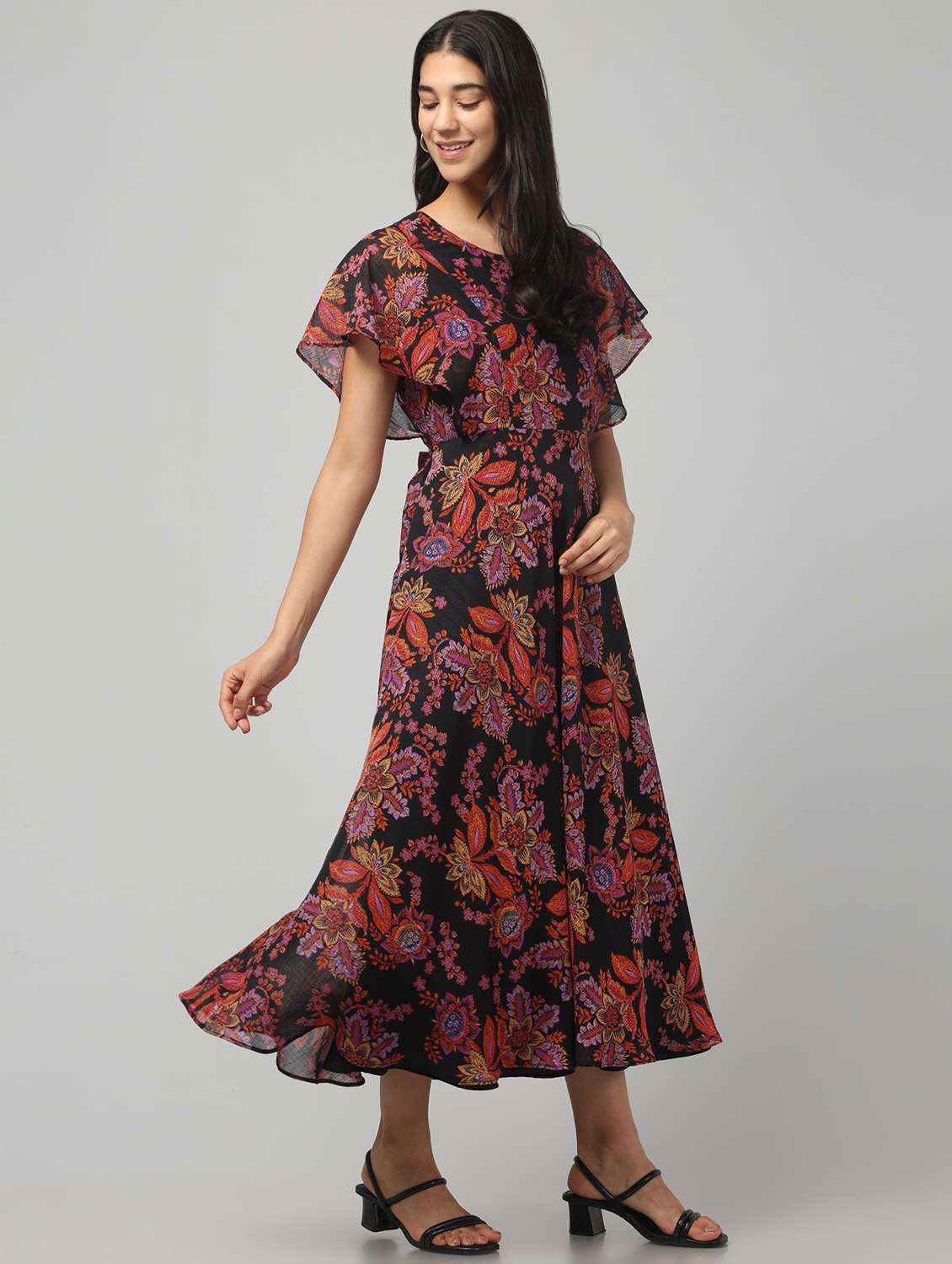 Womne Floral Print Flared Sleeve Dress