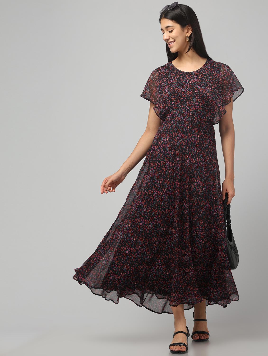 women floral print ruffle sleeve flared dress - 22008644 - Standard Image - 2