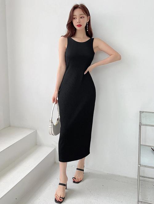 women solid round neck slim fit bodycon dress - 22008736 -  Standard Image - 0