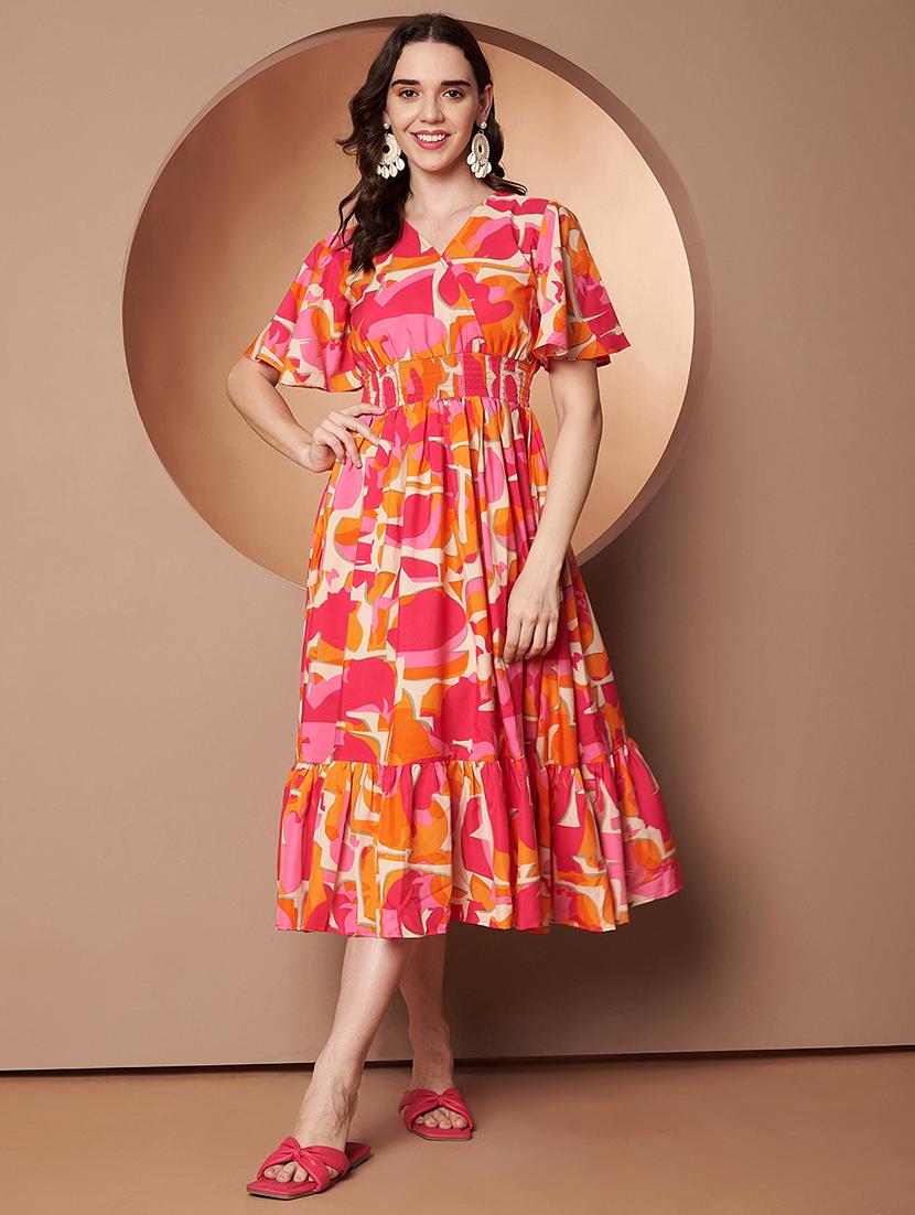 women abstract printed flared sleeve tiered dress - 22008739 -  Zoom Image - 0