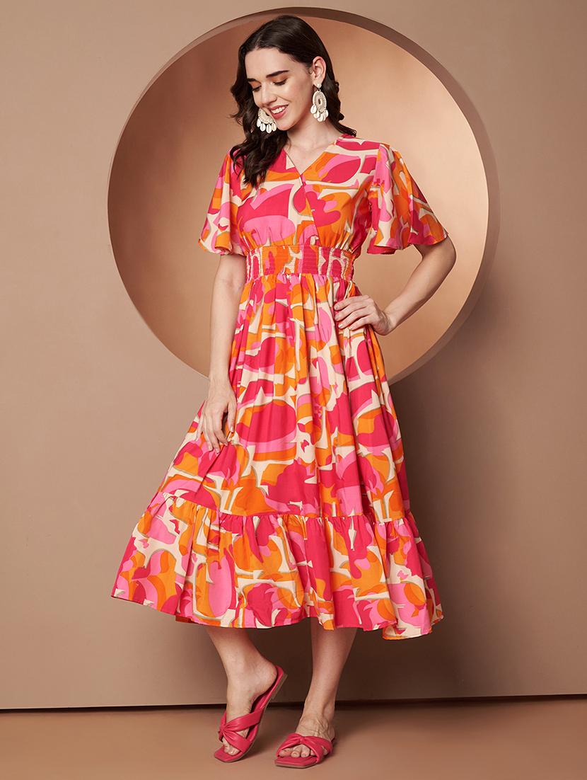 women abstract printed flared sleeve tiered dress - 22008739 - Standard Image - 2