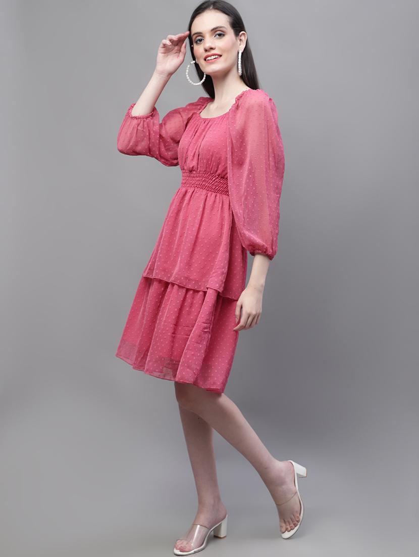 women self design puff sleeve tie knot back tiered dress - 22008755 - Standard Image - 2