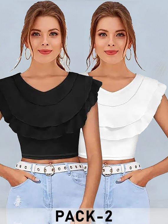 women pack of 2 solid v neck crop top - 22008758 - Standard Image - 2