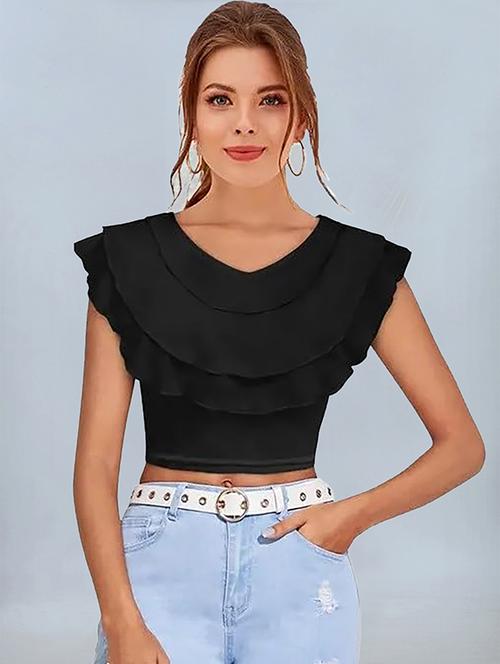 women black solid v neck crop top - 22008759 - Standard Image - 0