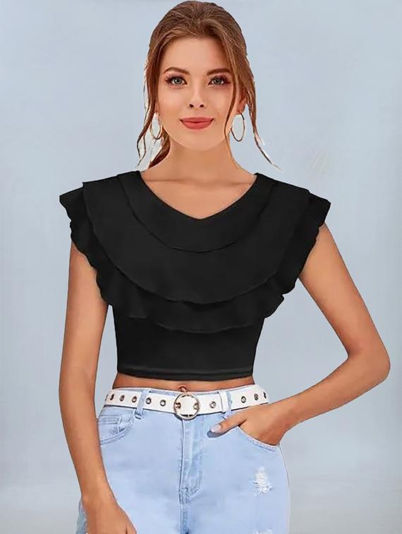 women black solid v neck crop top - 22008759 - Zoom Image - 0