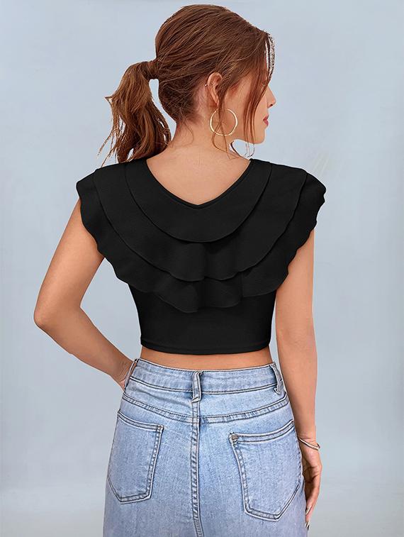 women black solid v neck crop top - 22008759 - Standard Image - 2
