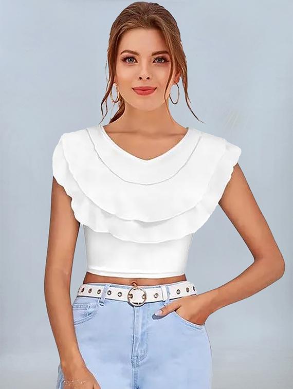 women white solid v neck crop top - 22008760 -  Zoom Image - 0