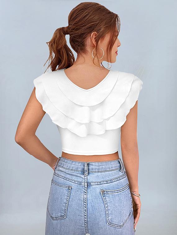 women white solid v neck crop top - 22008760 - Standard Image - 2