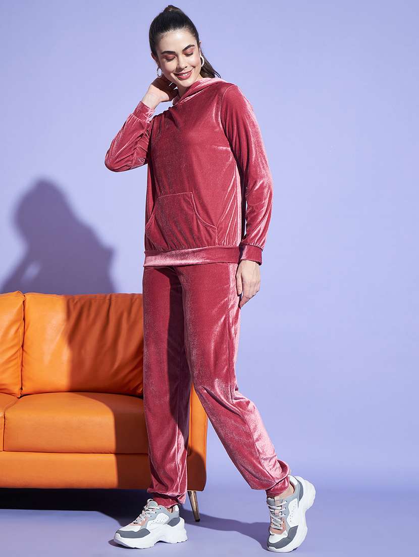 women solid hooded velvet active wear set - 22008763 -  Standard Image - 2